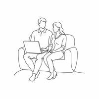 Man and woman seated on a couch, engaged with a laptop in front of them, sharing a moment of collaboration doodle line art flat illustration. vector