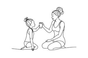 African black mother applying sunscreen on cute little black girl Continuous line art flat illustration vector