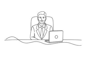 Successful business man looking at camera in office Continuous line art flat illustration. vector