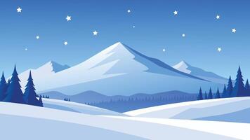 Snowy landscape featuring trees and patches of grass blanketed in white snow under a clear sky. flat illustration vector