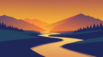 River flows through a lush field, illuminated by the warm hues of sunrise flat illustration natural background vector