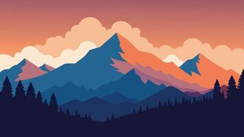 Mountain range with clouds drifting above and trees lining the foreground, showcasing nature's beauty flat illustration natural background. vector