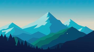 Breathtaking view of a mountain range enveloped in clouds, with verdant trees enhancing the natural scenery flat illustration vector