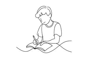 School boy writing on notebook Continuous line art flat illustration. vector