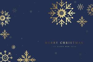 A post card design in Premuim Christmas snow flakes, gold snow flakes on blue background. Elegant snow with A Merry Christmas and Happy New Year text for greeting card vector