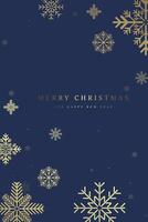 Elegant snow with A Merry Christmas and Happy New Year text for greeting card . Premium post card design for Christmas snow flakes, gold snow flakes on blue background vector