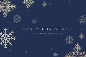 Premium post card design for Christmas snow flakes, gold snow flakes on blue background. Elegant snow with A Merry Christmas and Happy New Year text for greeting card vector