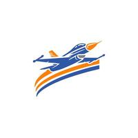 A creative logo design featuring a jet fighter in blue and orange stripes, symbolizing speed, innovation, and modernity, ideal for aviation and tech industries. vector