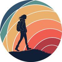 A woman walking with a backpack in front of a colorful background vector