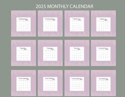 Set of 2025 Calendar Planner Template in Minimal Aesthetic Design. Aesthetic layout of a wall, table or desk modern 2025 calendar. From Sunday. Calendar printable. vector