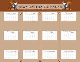 2025 Calendar. 12 Month and floral art design. Multi colors, line art design. vector