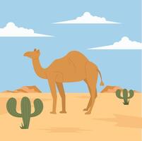 A camel walking through sandy terrain with cacti and a bright blue sky vector