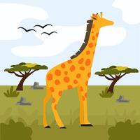a giraffe standing in the grass with trees and birds vector