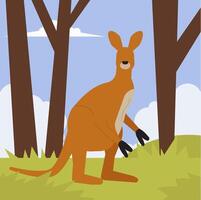 A kangaroo standing on grassy ground surrounded by scattered trees and a clear blue sky. vector