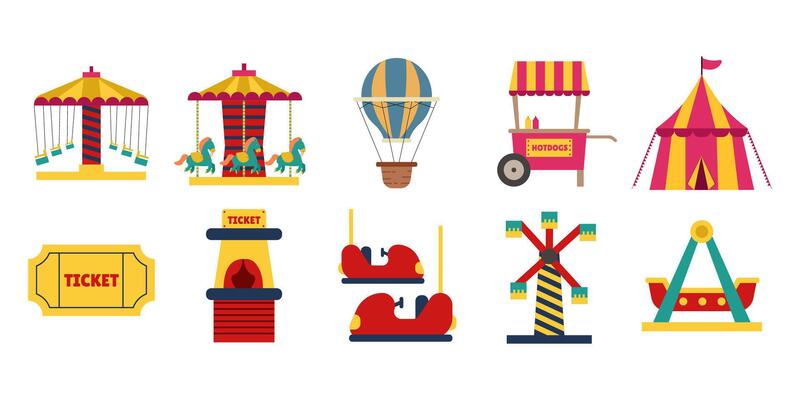 amusement park flat icons set isolated on white background