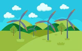 wind turbines in the countryside with trees and clouds vector