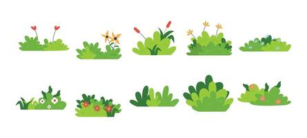 Set of collection bush on white background. Green bush blossom. Green grass set Flat vector