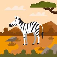 A zebra grazing on orange grasslands with rocks, trees, and distant hills under a blue sky. vector