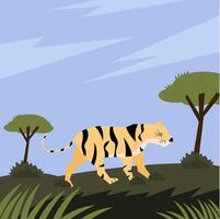 A tiger prowling through tall grass with scattered trees and a blue sky vector