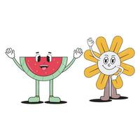 a cartoon character of a watermelon and a sunflower vector