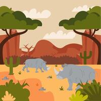 two rhinos in the desert with cactus trees vector
