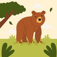 A brown bear on green grass with bushes, under a blue sky with white clouds. vector