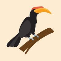 A hornbill perched on a branch against a plain beige background. vector
