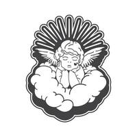 hand drawn cute cupid, angel, cherub in cloud. y2k abstract angel character line art vector