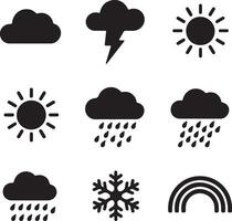 Weather Icons Sun, Clouds, Rain, Snow, Lightning, Rainbow. A set of nine simple black weather icons sun, clouds, rain, snow, lightning, and rainbow. Used for weather forecasting or app design. vector