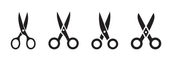 Open scissors icon set. Black filled cut tool sign. Outline shear illustration. Scissors silhouette isolated. vector