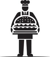 A black and white illustration of a chef holding a tray with a large burger. Chef Serving a Delicious Burger vector