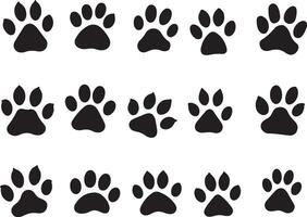 Animal Paw Prints icon set illustration. A collection of twelve stylized black paw prints, showcasing variations in claw depiction and pad shapes, possibly representing different animals. vector