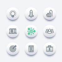 startup line icons set, product launch, development, funding, initial capital, contract, target market, customers vector