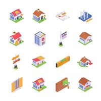 This set of colorful, isometric icons depicts various real estate and home improvement elements vector