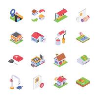 This image features a set of colorful, isometric icons depicting various real estate and home services vector