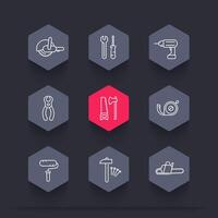 construction tools line icons, hexagon set, illustration vector