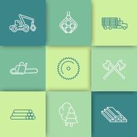 Logging, Forestry, Timber, Tree Harvester, logging truck, line icons set, illustration vector
