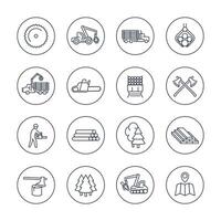 Logging, sawmill line icons in circles, logging truck, tree harvester, timber, lumberjack, wood, lumber, illustration vector