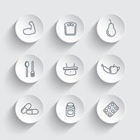 Diet, nutrition line icons on round 3d shapes, illustration vector