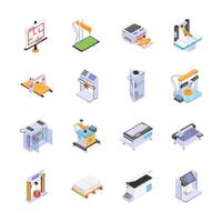 This image showcases a variety of modern manufacturing and 3D printing equipment in an isometric style vector