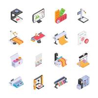 This image features a collection of various modern printing and manufacturing equipment, including graphic design software, 3D printers vector