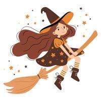 Cute witch with long red hair flying on a broomstick. Flat illustration in simple childish style on white background vector