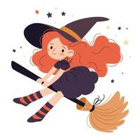 Cute witch with long red hair flying on a broomstick. Flat illustration in simple childish style on white background vector