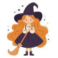 Cute witch with long red hair standing and smiling sweetly. Flat illustration in simple childish style on white background vector