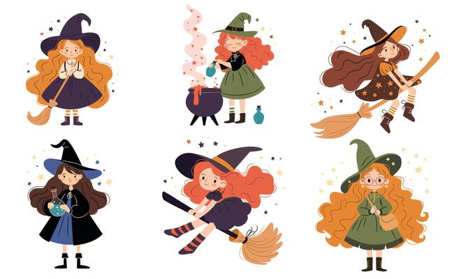 A set of flat illustrations in a simple children's style. Cute witches brewing potion, flying on a broom. Kind and cheerful witches girls