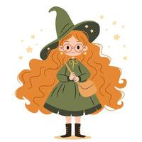 Cute witch with long red hair standing and smiling sweetly. Flat illustration in simple childish style on white background vector