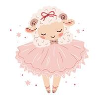 Flat illustration in a simple children's style. Cute sheep in ballerina tutu dancing ballet. White background vector