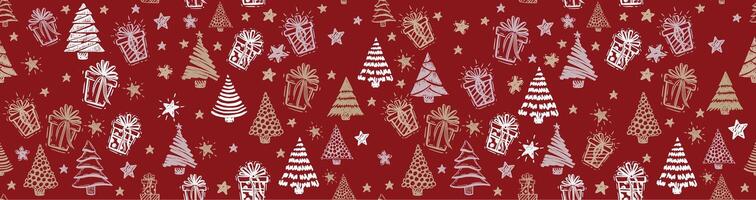 Christmas tree, New Year set on red, hand drawn illustrations. vector