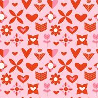 Seamless Valentine's Day pattern with minimalist hearts, flowers vector
