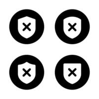 Shield with cross mark icon on black circle. Unsafe, no security sign symbol vector
